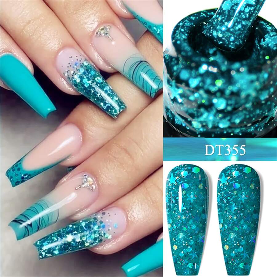 MEET ACROSS 7ml Y2K Aesthetic Glitter Nail Polish, Green Semi-Permanent Nail Polish, Removable UV LED Gel, Suitable For Manicure Art, Nail Design, Decoration, Gift, Party, Holiday - 綠色 - 查看 1
