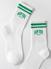 1 Paar Herrensocken Bis Mitte Wade Mit 'neuem' Buchstaben Design, Grünen Streifen, Anti-geruch Und Schweißabsorbierend, Lässiger Stil Für Den Täglichen Gebrauch
