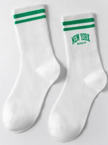 1 Paar Herrensocken Bis Mitte Wade Mit 'neuem' Buchstaben Design, Grünen Streifen, Anti-geruch Und Schweißabsorbierend, Lässiger Stil Für Den Täglichen Gebrauch