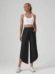 Women's High-waist Yoga Wide Leg Pants With Pockets, Curved Cut-out Hem And Side Slit, Sporty And Casual Loose Fit Capri Pants