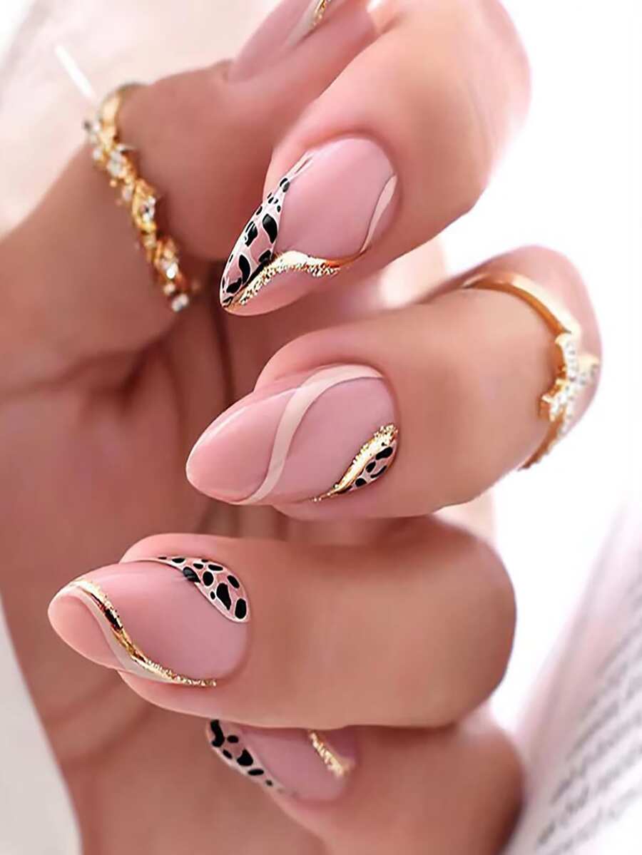 Upgrade Your Style With 24pcs Short Almond Shape Fashionable Pink French Leopard Print Full Wrap Nail Kit For Parties, Dancing And Daily Wear - Pink - View 1