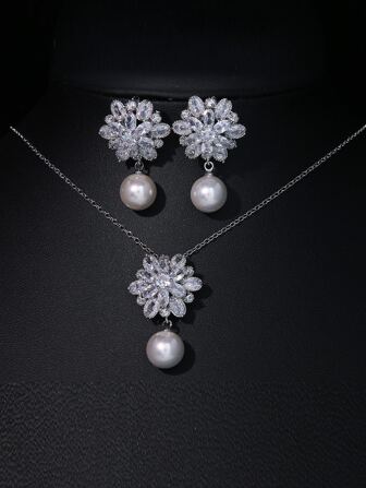 2件套華麗人造珍珠新娘珠寶套裝，女性時尚立方氧化鋯耳環項鍊婚禮配件