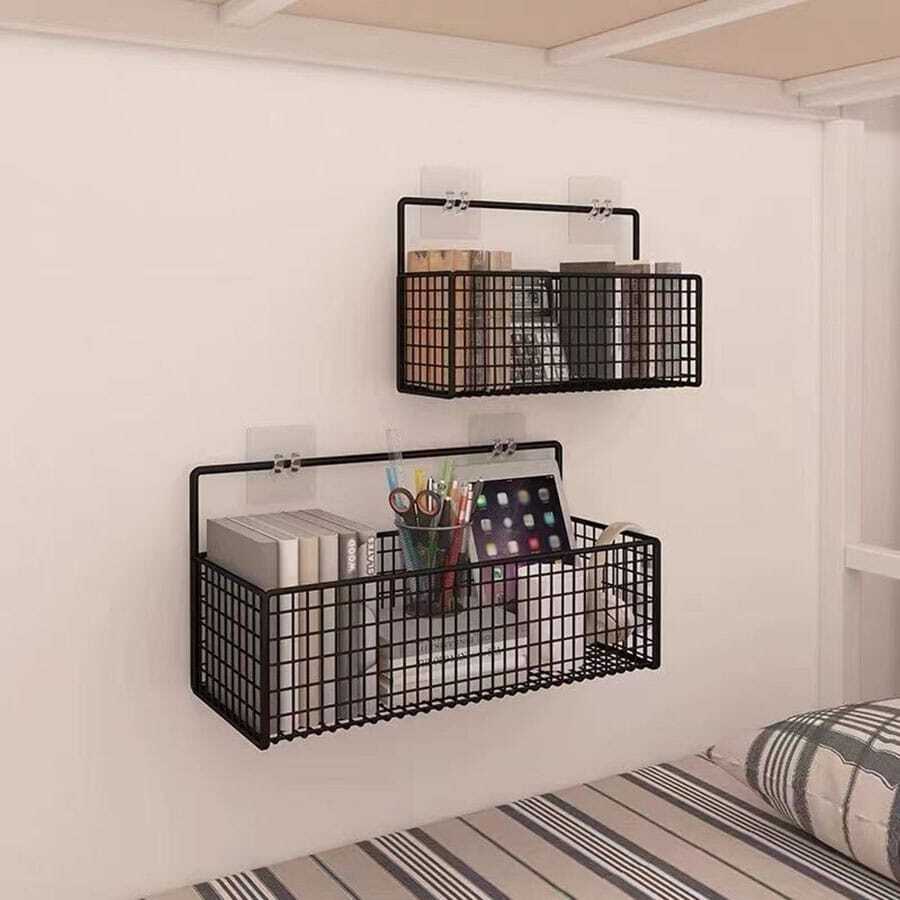 1pc Wall Mounted Storage Basket Without Drilling For Bathroom, Kitchen, Dormitory - Black - View 1