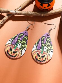 MESTILO 2pcs New Halloween Wooden Leopard Print Pumpkin & Ghost Dangle Earrings, Suitable For Women To Wear On Halloween - Colorful - View 4