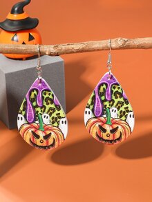 MESTILO 2pcs New Halloween Wooden Leopard Print Pumpkin & Ghost Dangle Earrings, Suitable For Women To Wear On Halloween - Colorful - View 2
