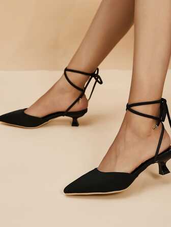 Women's Strappy Roman Style Pumps With Pointed Toe, Thin Heels, Black, Backless Sandals