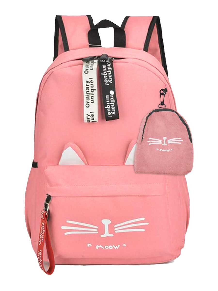 School Backpack With Minimalist Bag Cute Cat Backpack Kitten Backpack Meow Meow - Pink - View 1