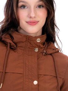 Chamarra Cazadora Larga Para Mujer Con Forro De Peluche - Marrón Mocha - Ver 5