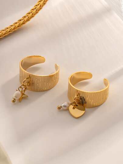 Uworld 1 件时尚星星和淡水人造珍珠装饰纹理 18K 镀金不锈钢戒指防水真人造珍珠首饰适合女士夏季度假旅行海滩派对