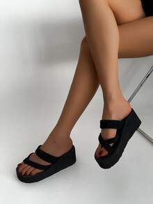 Women's Platform Beach Sandals Slippers - Black - View 2