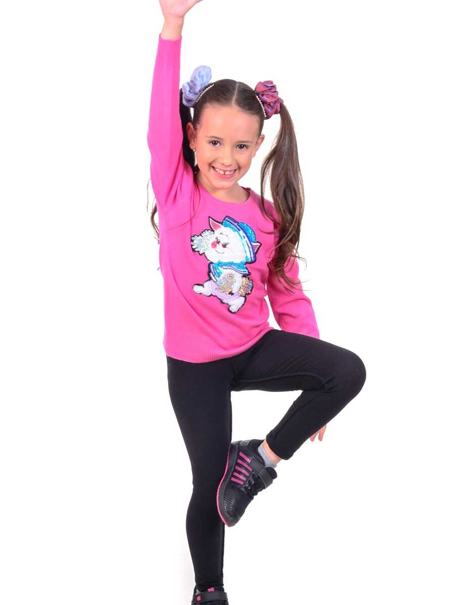 Sueter tejido de Punto strech para niña con parche de perrito con lentejuela CSK-014 - Rosa Fucsia - Ver 1