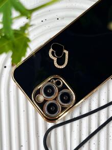 黑色防震电镀直边TPU软手机壳，带DIY心形指环和挂绳，兼容/三星/安卓手机，国际版，非国内版 - 黑色 - 查看 4