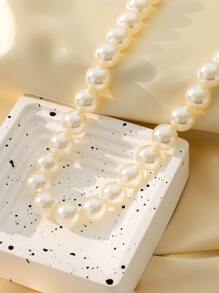 1pc Fashionable & Classic Basic Faux Pearl Necklace, Simple Design, Great For Wedding Gift - Beige - View 3