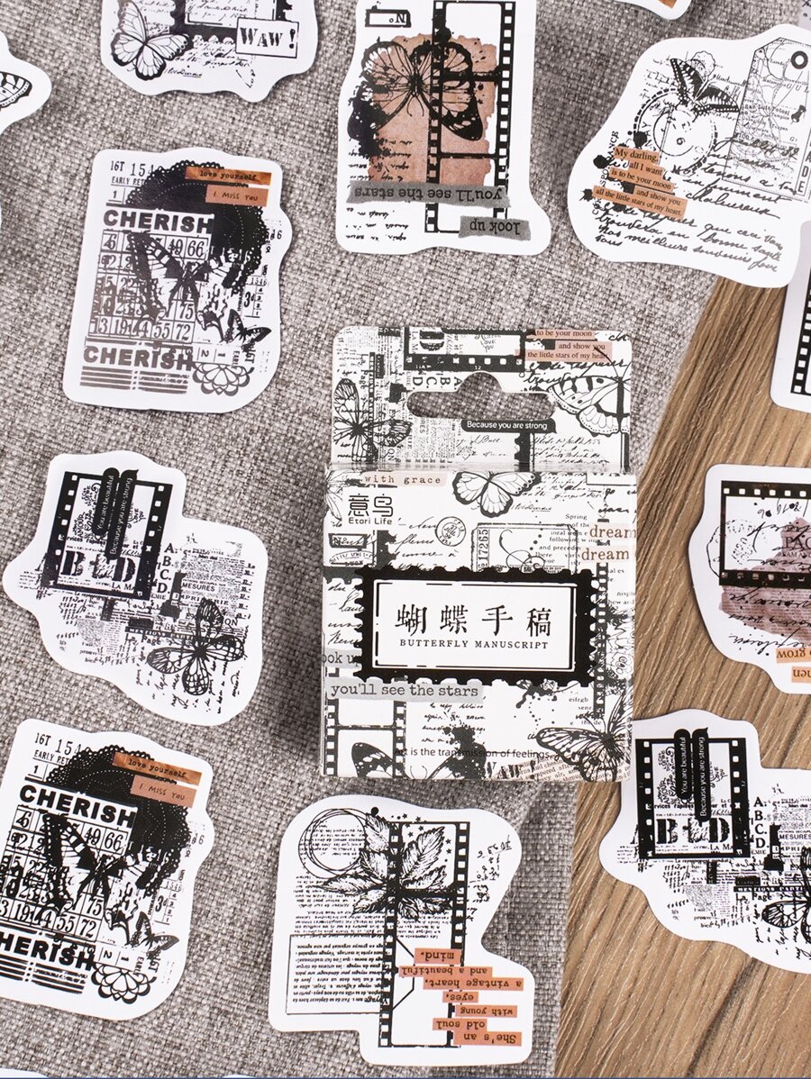 46sheets/box Vintage Butterfly Calligraphy Style Stickers, For Students' Decoration And Scrapbook - Multicolor - View 1