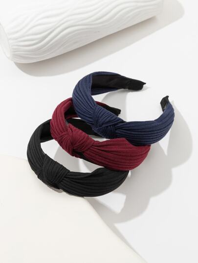 3条装纯色针织宽发带，女士打结发箍，发带，发圈，发饰，头饰