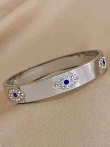 1pc Stainless Steel Evil Eye Bangle Bracelet, Unisex, Luxury Design With Rhinestones, Couple Bracelet - Silver - View 2