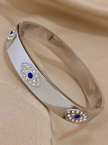 1pc Stainless Steel Evil Eye Bangle Bracelet, Unisex, Luxury Design With Rhinestones, Couple Bracelet - Silver - View 5