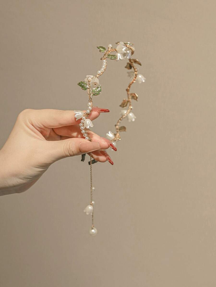 优雅 1 件绿叶、风铃草、人造珍珠和流苏装饰发箍情人节 - 金色 - 查看 1