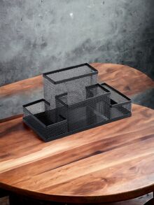 Organizador de escritorio de metal con varios compartimentos para oficina multiusos - Negro - Ver 3