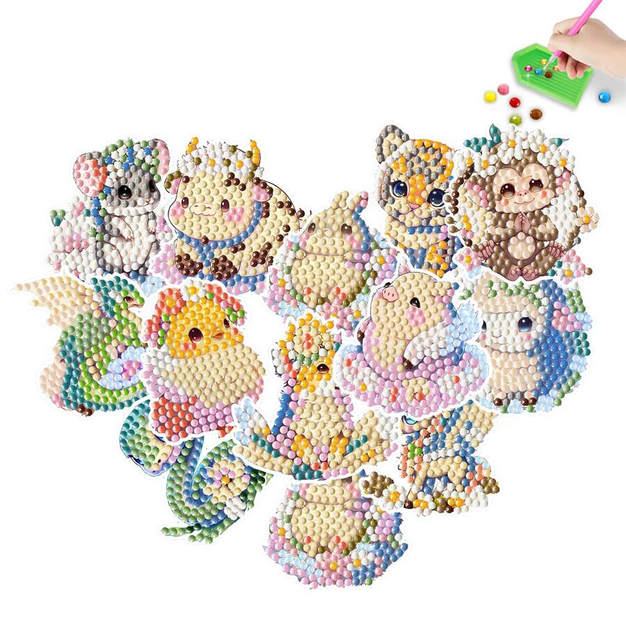 12入組5d鑽石畫貼紙套件適合兒童-可愛的卡通動物主題-兒童8-12歲的藝術與手工藝品創造力,用鑽石diy貼紙,作為兒童生日或節日禮物-18cm * 13cm - 彩色 - 查看 1