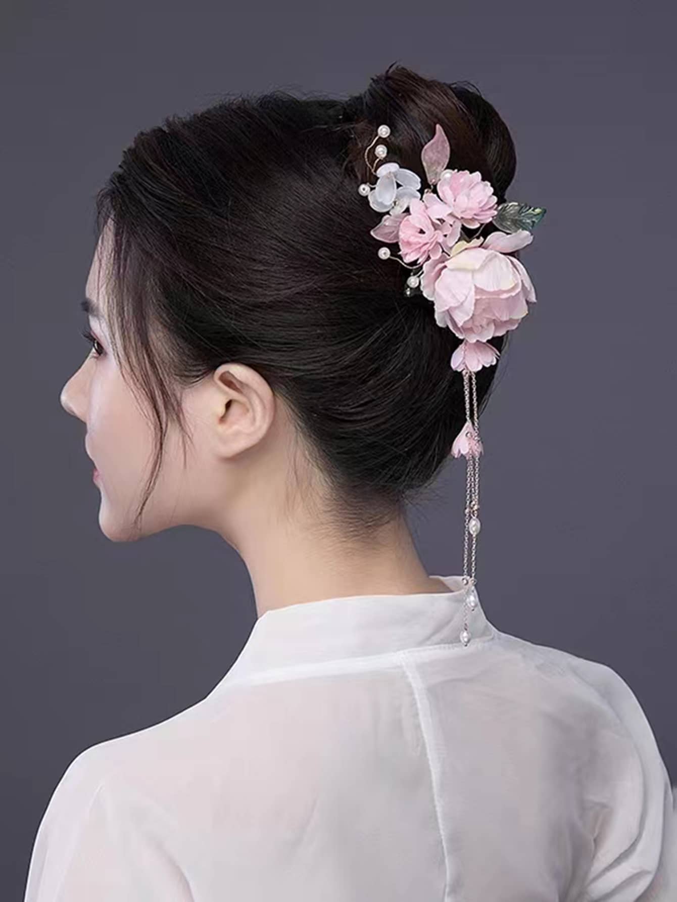 1pc Vintage Floral Tassel Hair Clip For Women, Hair Accessories For Women, Head Accesssories, Claw Clips, Hair Slide - Pink - View 1