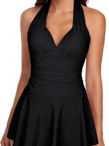 素色吊脖泳衣洋裝和比基尼套裝 - 黑色 - 查看 1