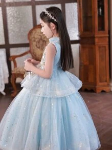 Vestido de fiesta largo azul de gama alta para niñas preadolescentes con bordado y lentejuelas, sin mangas, perfecto para fiestas de cumpleaños, anfitriones, actuaciones - Azul - Ver 3
