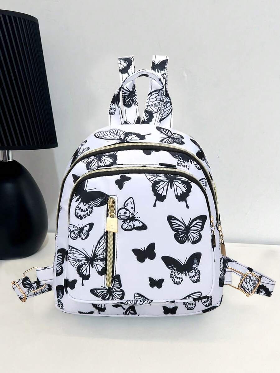 Cute Butterfly Heart Cartoon Print Pattern College Style Fashion Zipper Student Ladies Backpack, Butterfly Bag, School Backpack - Multicolor - View 1