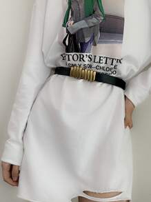 1 件女士复古 PU 腰带，带金扣装饰，时尚配饰，适合夏季休闲装或外套、秋季学校装、万圣节 - 金色 - 查看 5