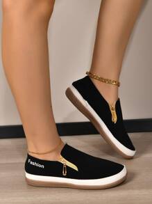 2024春季新款歐美風格女士拉鍊皮質懶人鞋,時尚休閒運動鞋 - 黑色 - 查看 6