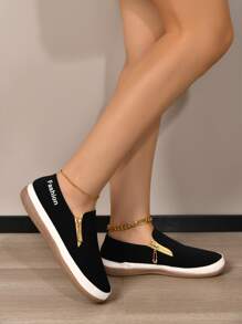 2024春季新款歐美風格女士拉鍊皮質懶人鞋,時尚休閒運動鞋 - 黑色 - 查看 3