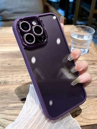 全覆蓋防摔手機保護殼，紫色水鑽，玻璃鏡片膜，軟橡膠邊緣，相容於 iPhone 15/15Pro/15Plus/15Promax