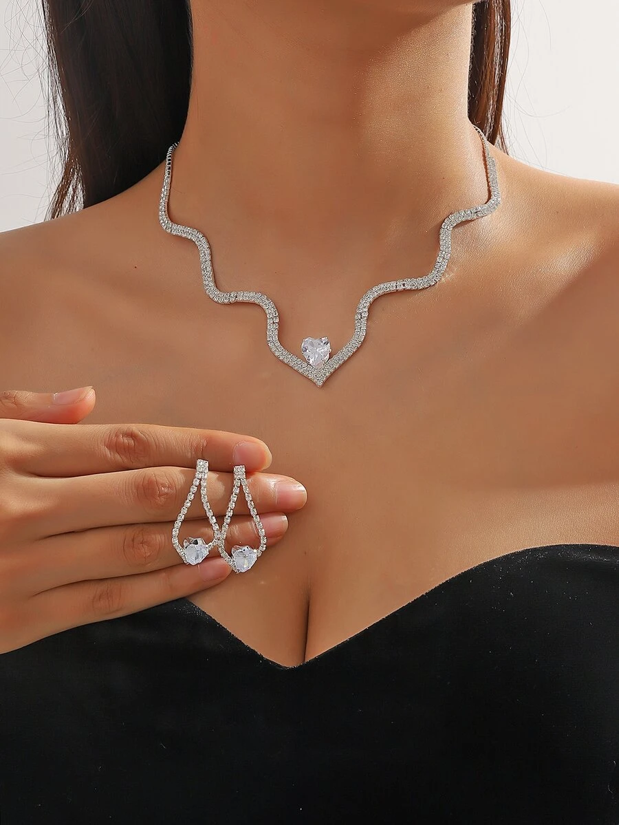 3 Piezas/set Conjunto De Collar Y Aretes De Diamantes De Imitación - Plateado - Ver 1