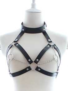 1pc Ladies' Black Leather Harness With Metal Chain Body Restraint, Perfect For Festivals And Stage Parties - Black - View 3