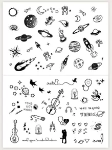2 Hojas De Tatuajes Pequeños Con Estrellas, Planetas, Instrumentos, Corazones Y Aves Voladoras En Negro Para Los Dedos, Orejas, Muñecas, Arte Corporal Temporal - Negro - Ver 2