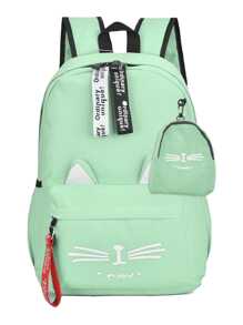 Mochila Escolar Con Bolso Minimalista Mochila Lindo Cat Mochila Gatito Miau Miau - verde menta - Ver 1