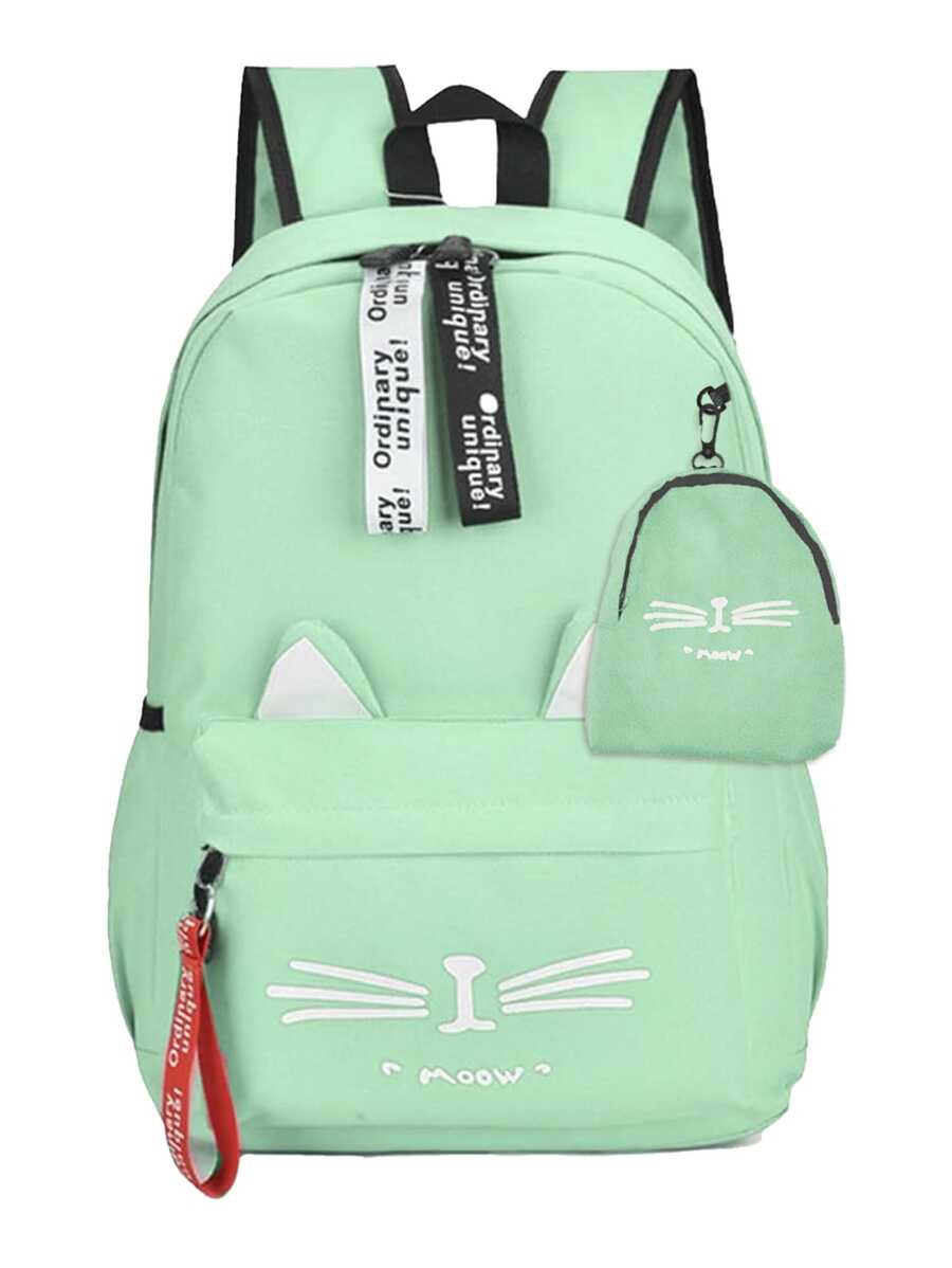 Mochila Escolar Con Bolso Minimalista Mochila Lindo Cat Mochila Gatito Miau Miau - verde menta - Ver 1