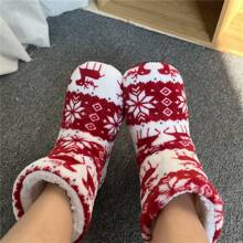 Christmas Maple Leaf And Reindeer Pattern Women's Slippers, For Winter Indoor Use, Warm, Anti-skid, Soft Plush Slipper Socks With Floor Slippers Cover - Red - View 1