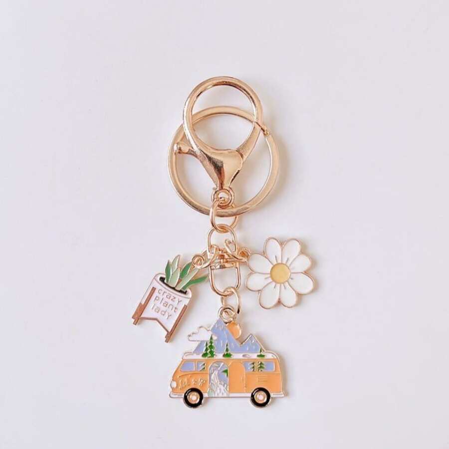 1入組無性別塗鴉插畫吊墜，田園風格綠色植物、月亮、小汽車、雛菊造型飾品，適用於鑰匙扣背包袋飾、時尚可愛潮流禮物，適合青少年女孩、女大學生、新手及白領工作者送禮裝飾鑰匙扣、可愛鑰匙扣 - 彩色 - 查看 1