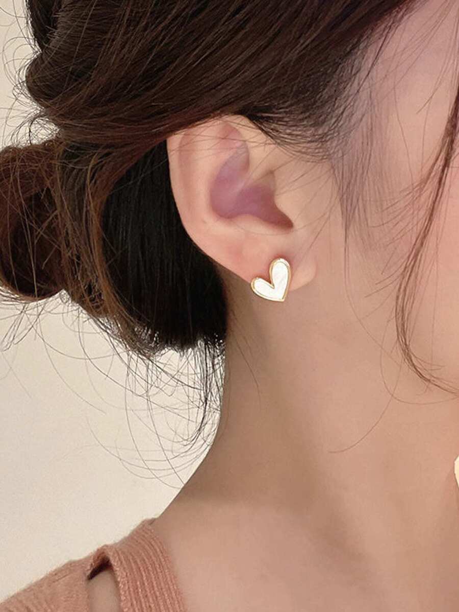 1pair Elegant Oil Drop Heart Shape Stud Earrings - White - View 1