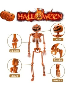 1pc Orange Pumpkin Skeleton, Halloween Haunted House Stage Decoration Prop, Three-dimensional Skull Skeleton With Orange Pumpkin Head, Horror Skeleton - Orange - View 5