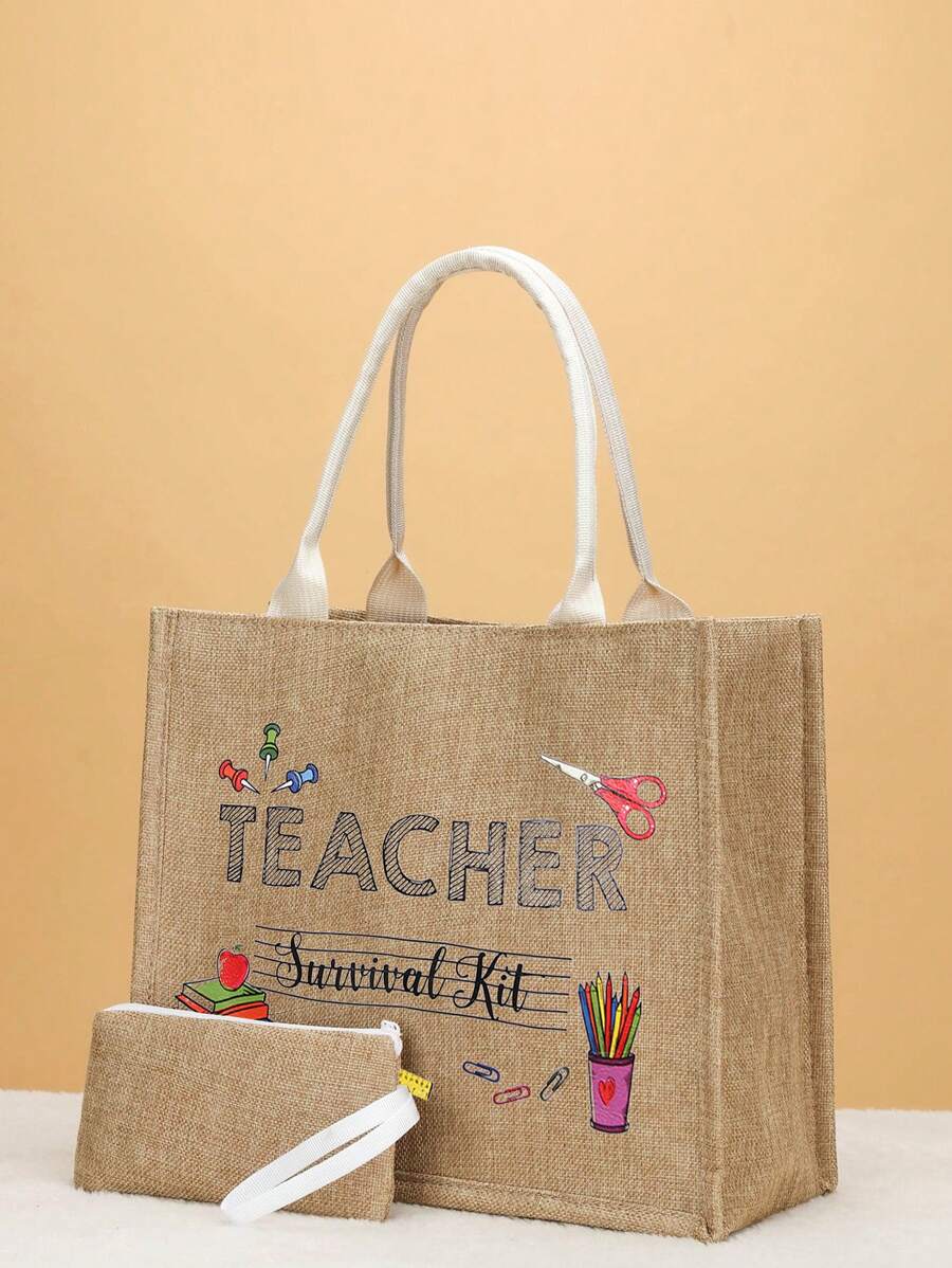 2入組字母印花亞麻手提袋和沙灘袋,適用於度假 - 卡其色 - 查看 1