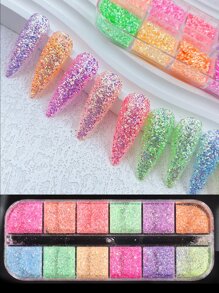 FULL BEAUTY 12 格/盒美人鱼亮片指甲闪光片混合彩色闪光片亮片装饰 3D 霓虹美甲配件 DIY 指甲饰物指甲宝石美甲用品 - 彩色 - 查看 9