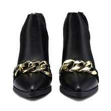 MYSOFT Metal Chain Hollow Pointed Toe Chunky Heel Booties Women - Black - View 3