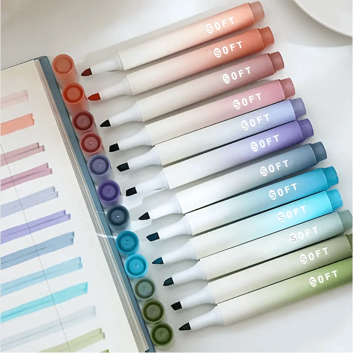 12pcs Soft-Light Morandi Color Highlighter Marker Pen, For Note-Taking/Drawing Crafts Journaling, Random Colors - Multicolor - View 1