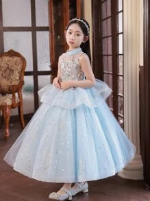 Vestido de fiesta largo azul de gama alta para niñas preadolescentes con bordado y lentejuelas, sin mangas, perfecto para fiestas de cumpleaños, anfitriones, actuaciones - Azul - Ver 2