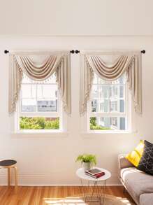 1入米色聚酯纖維蕾絲修邊條紋窗簾,簡約風格,適用於客廳,臥室,廚房窗戶和門的裝飾 - 米色 - 查看 2