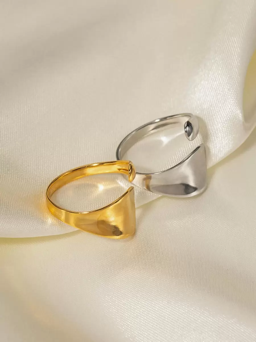 Uworld 1 件几何不锈钢银 18K 镀金可调节戒指手指首饰粗大不对称开口戒指简约女士日常佩戴 - 金色 - 查看 1