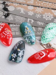 FULL BEAUTY 聖誕美甲壓花板5入組,包含雪花、聖誕樹、鈴鐺、花環、麋鹿,美甲模具壓花版,美甲印花模板,美甲工具 - 銀色 - 查看 6