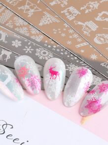 FULL BEAUTY 聖誕美甲壓花板5入組,包含雪花、聖誕樹、鈴鐺、花環、麋鹿,美甲模具壓花版,美甲印花模板,美甲工具 - 銀色 - 查看 7